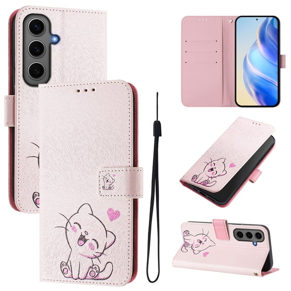 TECH CIRCLE for Samsung Galaxy A15 Case 6.5-Inch (2023 Release), Cute Cartoon Flip Wallet Case with Lanyard, Built-in Card Slots & Stand Function, Portable Lightweight Slim Folio Cover, Pink Cat