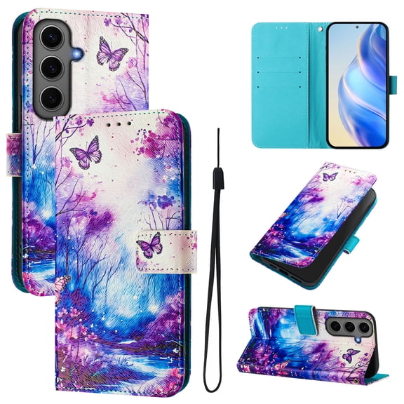 TECH CIRCLE for Samsung Galaxy A17 5G Case 6.7-Inch (2025 Release), Cute Cartoon Flip Wallet Case with Lanyard, Built-in Card Slots & Stand Function,Portable Lightweight Folio Cover, Butterfly Forest