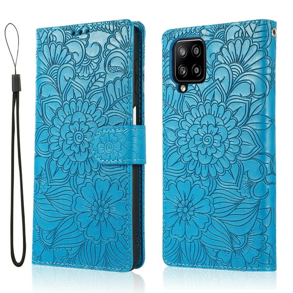 TECH CIRCLE For Samsung Galaxy A21s Wallet Case,PU Leather Embossed Flower Folding Folio Case Cards Holder Lanyard Anti-Scratch Shockproof Bumper Cover Case For Galaxy A21s 6.5" 2020,Blue