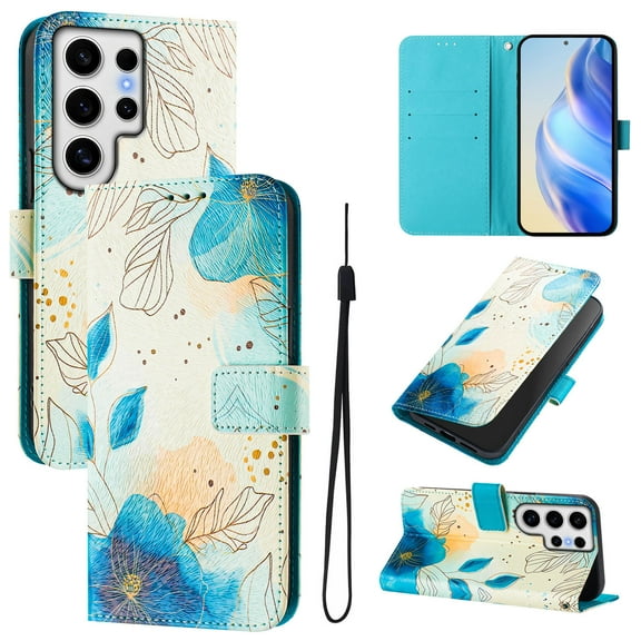 TECH CIRCLE for Samsung Galaxy A22 5G Case 6.6" (2021 Release), Cute Cartoon Flip Wallet Case with Lanyard, Built-in Card Slots & Stand Function, Portable Lightweight Slim Cover, Blue Flower