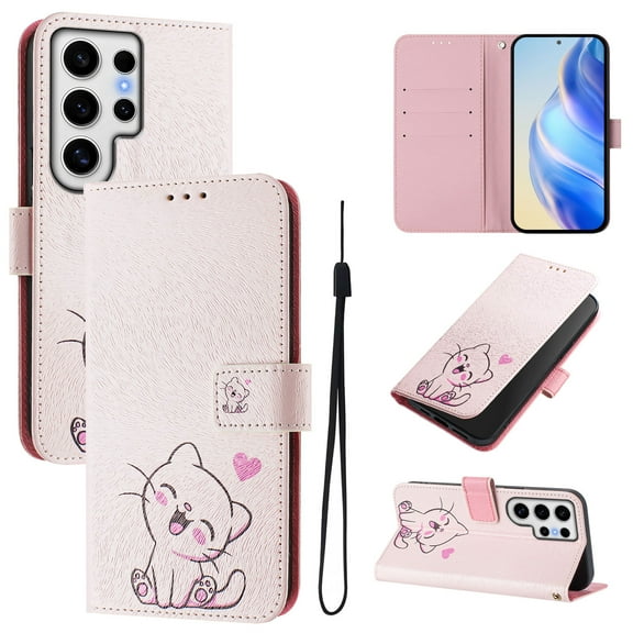 TECH CIRCLE for Samsung Galaxy A32 5G Case 6.5" (2021 Release), Cute Cartoon Flip Wallet Case with Lanyard, Built-in Card Slots & Stand Function, Portable Lightweight Slim Cover, Pink Cat