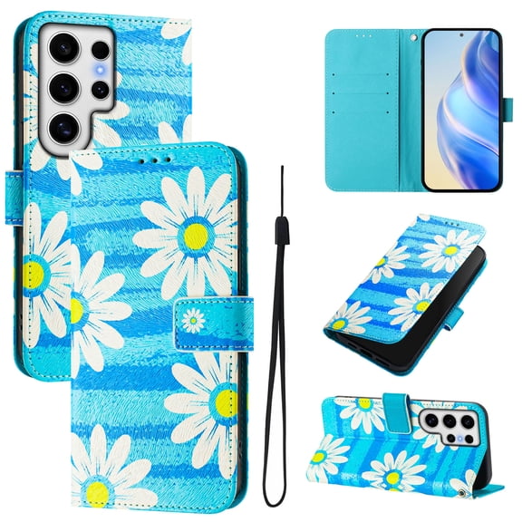TECH CIRCLE for Samsung Galaxy A32 5G Case 6.5" (2021 Release), Cute Cartoon Flip Wallet Case with Lanyard, Built-in Card Slots & Stand Function, Portable Lightweight Slim Cover, Blue Daisy