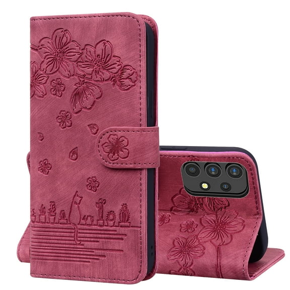 TECH CIRCLE for Samsung Galaxy A32 5G Case,Embossed Cherry Blossoms Cat Pattern PU Leather Magnetic Folio Flip Kickstand Credit Card Cash Slots Phone Case,Red