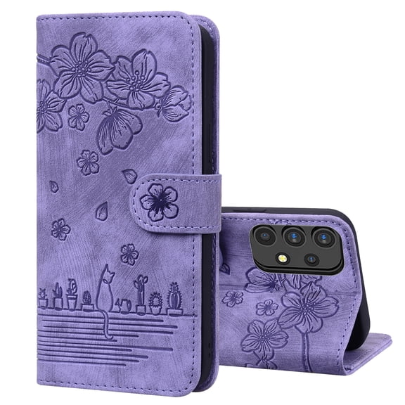 TECH CIRCLE for Samsung Galaxy A32 5G Case,Embossed Cherry Blossoms Cat Pattern PU Leather Magnetic Folio Flip Kickstand Credit Card Cash Slots Phone Case,Purple