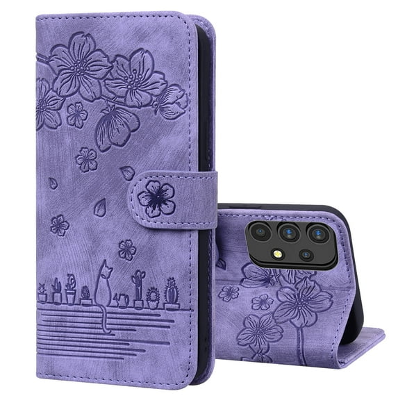 TECH CIRCLE for Samsung Galaxy A32 5G Case,Embossed Cherry Blossoms Cat Pattern PU Leather Magnetic Folio Flip Kickstand Credit Card Cash Slots Phone Case,Purple