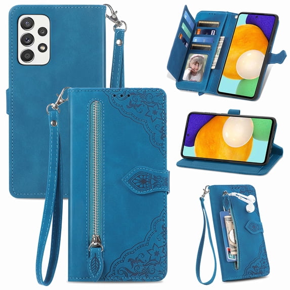 TECH CIRCLE Samsung Galaxy A32 5G Wallet Case,Embossed Flower PU Leather Folio Flip Protective Zipper Cover with Wrist Strap RFID Blocking Card Holder Kickstand Case for Galaxy A32 5G 6.5" 2021,Blue