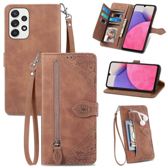 TECH CIRCLE Samsung Galaxy A34 Wallet Case,Embossed Flower PU Leather Folio Flip Protective Zipper Cover with Wrist Strap RFID Blocking Card Holder Kickstand Case for Galaxy A13 5G 6.2" 2023, Brown