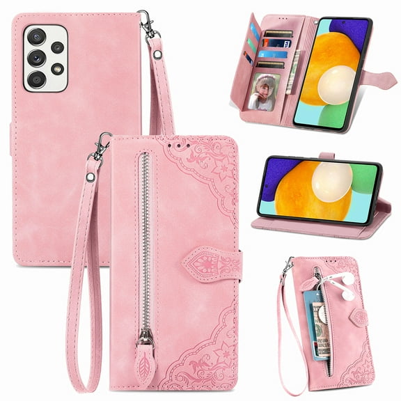 TECH CIRCLE Samsung Galaxy A52 5G Wallet Case,Embossed Flower PU Leather Folio Flip Protective Zipper Cover with Wrist Strap RFID Blocking Card Holder Kickstand Case for Galaxy A52 5G 6.5" 2021,Pink