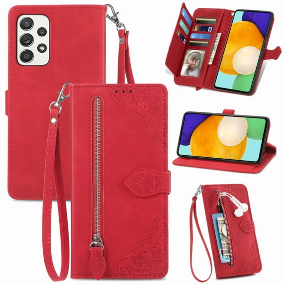 TECH CIRCLE Samsung Galaxy A52 5G Wallet Case,Embossed Flower PU Leather Folio Flip Protective Zipper Cover with Wrist Strap RFID Blocking Card Holder Kickstand Case for Galaxy A52 5G 6.5" 2021,Red