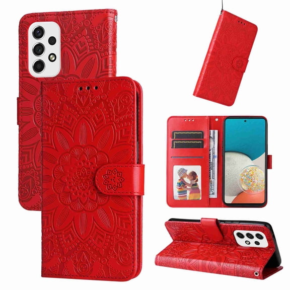 TECH CIRCLE Samsung Galaxy A53 5G Case,Sun Pattern Embossed PU Leather Magnetic Flip Cover Card Holders Hand Strap Wallet Purse Case for Samsung Galaxy A53 5G, Red