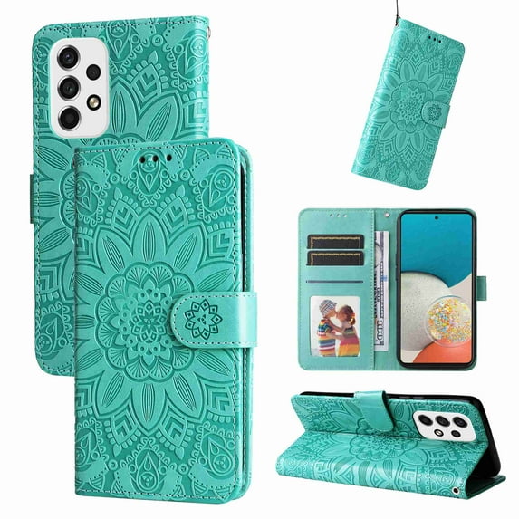 TECH CIRCLE Samsung Galaxy A53 5G Case,Sun Pattern Embossed PU Leather Magnetic Flip Cover Card Holders Hand Strap Wallet Purse Case for Samsung Galaxy A53 5G, Green