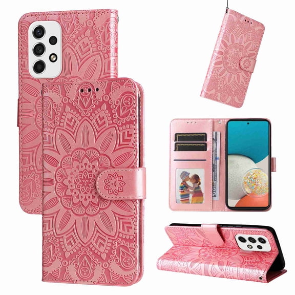 TECH CIRCLE Samsung Galaxy A53 5G Case,Sun Pattern Embossed PU Leather Magnetic Flip Cover Card Holders Hand Strap Wallet Purse Case for Samsung Galaxy A53 5G, Rosegold