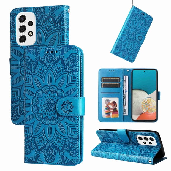 TECH CIRCLE Samsung Galaxy A53 5G Case,Sun Pattern Embossed PU Leather Magnetic Flip Cover Card Holders Hand Strap Wallet Purse Case for Samsung Galaxy A53 5G, Blue