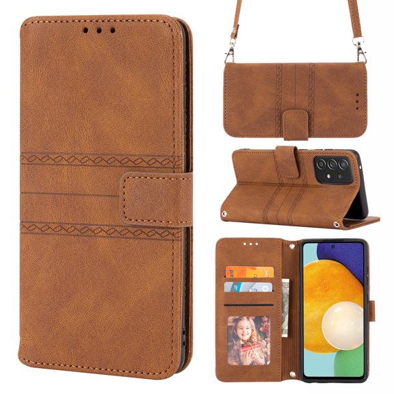 TECH CIRCLE for Samsung Galaxy A53 5G Wallet Case with Card Holder and Adjustable Detachable Crossbody Lanyard, PU Leather Kickstand Shockproof Flip Cover Case, Brown