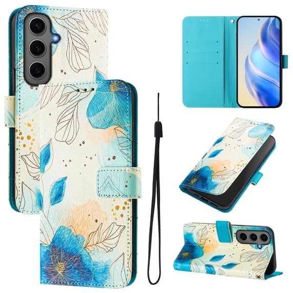 TECH CIRCLE for Samsung Galaxy A54 5G Case 6.4" (2023 Release), Cute Cartoon Flip Wallet Case with Lanyard, Built-in Card Slots & Stand Function, Portable Lightweight Slim Folio Cover, Blue Flower