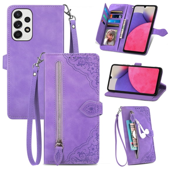 TECH CIRCLE Samsung Galaxy A54 Wallet Case,Embossed Flower PU Leather Folio Flip Protective Zipper Cover with Wrist Strap RFID Blocking Card Holder Kickstand Case for Galaxy A54 5G 6.5" 2023, Purple