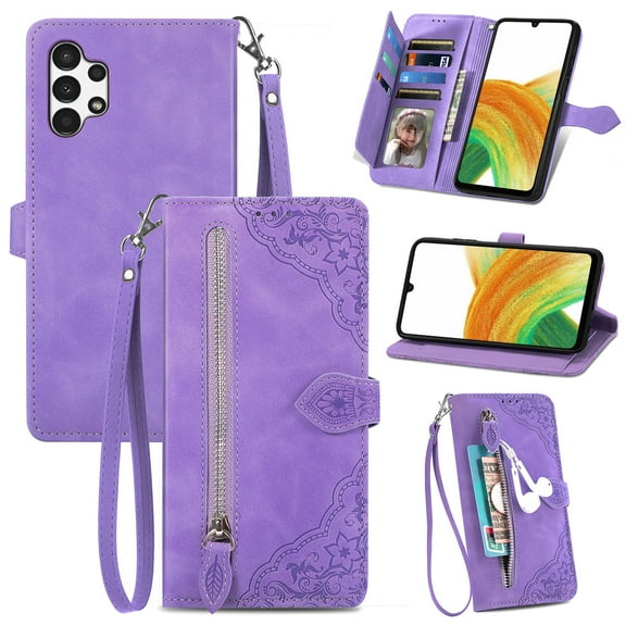 TECH CIRCLE Samsung Galaxy A54 Wallet Case,Embossed Flower PU Leather Folio Flip Protective Zipper Cover with Wrist Strap RFID Blocking Card Holder Kickstand Case for Galaxy A54 5G 6.5" 2022, Purple
