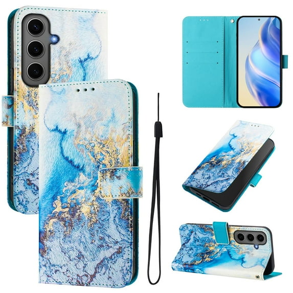 TECH CIRCLE for Samsung Galaxy A55 Case 6.6" (2024 Release), Cute Cartoon Flip Wallet Case with Lanyard, Built-in Card Slots & Stand Function, Portable Lightweight Slim Folio Cover, Blue Marble