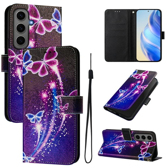 TECH CIRCLE for Samsung Galaxy S21 Case 6.2" (2021 Release), Cute Cartoon Flip Wallet Case with Lanyard, Built-in Card Slots & Stand Function, Portable Lightweight Slim Cover, Purple Butterfly