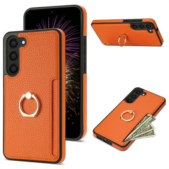 TECH CIRCLE For Samsung Galaxy S21 Case,PU Leather Slim Money Slots Case 360°Rotatable Ring Kickstand Shockproof Protective Women Men Case for Samsung Samsung Galaxy S21 6.2" 2022,Orange