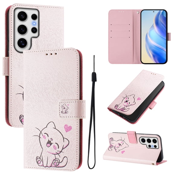 TECH CIRCLE for Samsung Galaxy S21 FE Case 6.4-Inch (2022 Release), Cute Cartoon Flip Wallet Case with Lanyard, Built-in Card Slots & Stand Function, Portable Lightweight Slim Folio Cover, Pink Cat