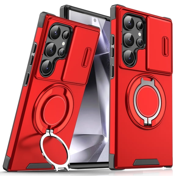TECH CIRCLE for Samsung Galaxy S21 Ultra Slim Magnetic Matte PC Hybrid Case with 360° Rotate Kickstand & Slide Camera Lens Cover, Military Grade Drop Protection Heavy Duty Shockproof,Red