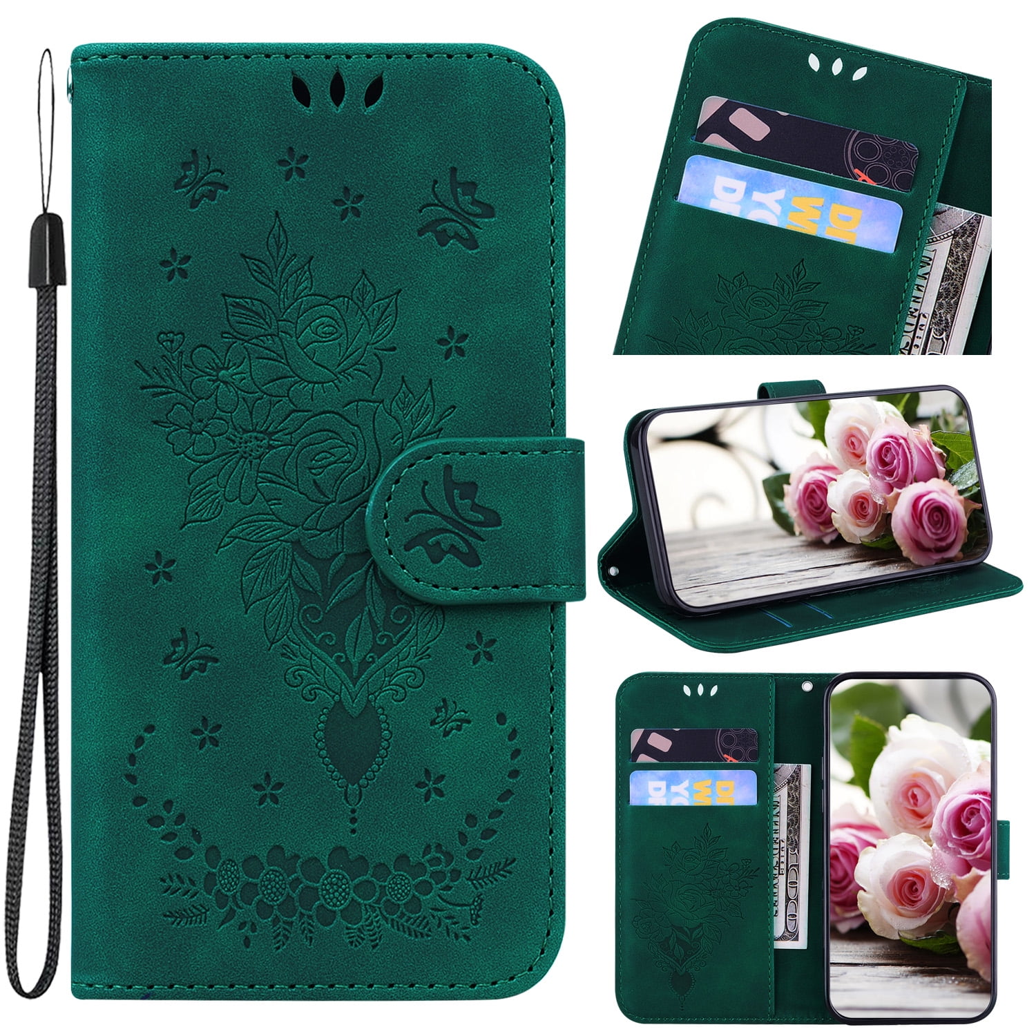 TECH CIRCLE for Samsung Galaxy S22 5G Wallet case,Durable Luxury Flower Embossed PU Leather Magnetic Folio Flip Pocket Kickstand Women Card Slots Phone Case for Samsung Galaxy S22 6.1 inch 2022,Green