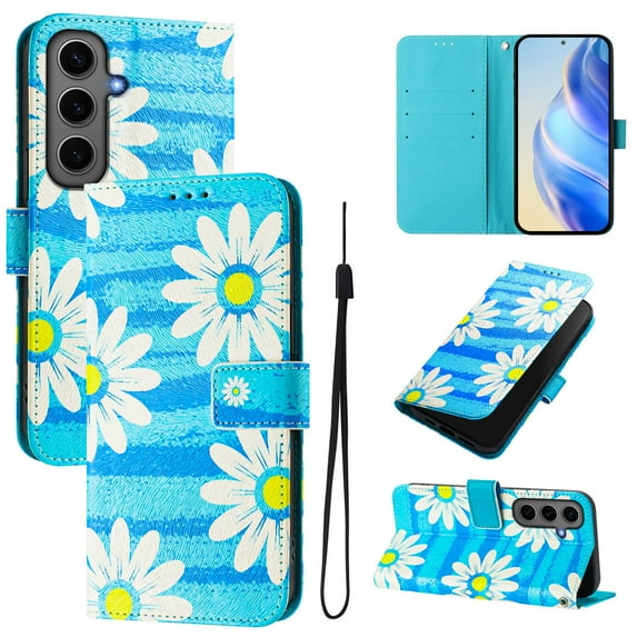 TECH CIRCLE for Samsung Galaxy S22 Case 6.1" (2022 Release), Cute Cartoon Flip Wallet Case with Lanyard, Built-in Card Slots & Stand Function, Portable Lightweight Slim Folio Cover, Blue Daisy