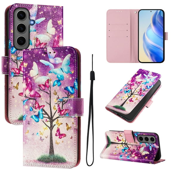 TECH CIRCLE for Samsung Galaxy S22+ Plus Case 6.6-Inch (2022 Release), Cute Cartoon Flip Wallet Case with Lanyard, Built-in Card Slots & Stand Function, Portable Lightweight Slim Cover, Butterfly Tree