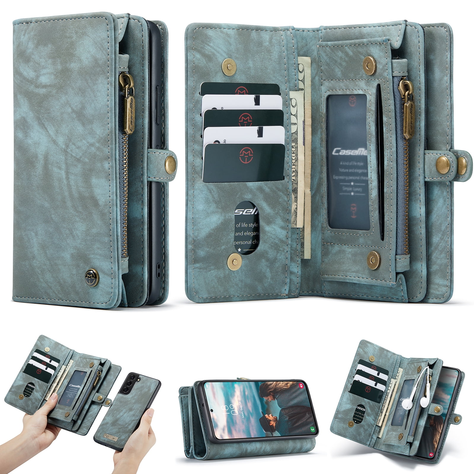 TECH CIRCLE Samsung Galaxy S22 Plus Case,Galaxy S22 Plus Wallet Case with Card Holder Kickstand Zipper Pocket Lanyard Strap Wristlet PU Leather Flip Case Wallet for Galaxy S22 Plus 6.6 inch,Green