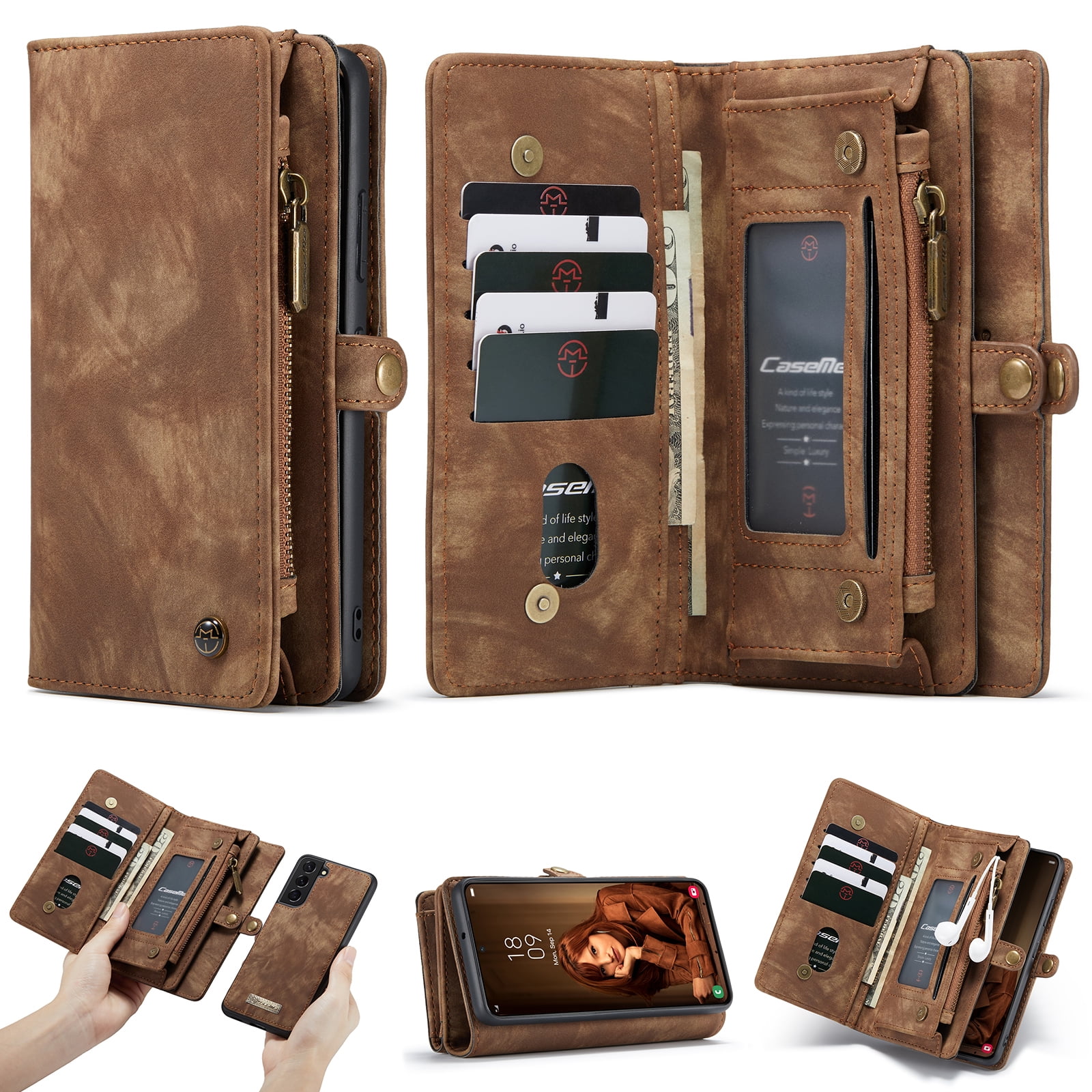 TECH CIRCLE Samsung Galaxy S22 Plus Case,Galaxy S22 Plus Wallet Case with Card Holder Kickstand Zipper Pocket Lanyard Strap Wristlet PU Leather Flip Case Wallet for Galaxy S22 Plus 6.6 inch,Darkbrown