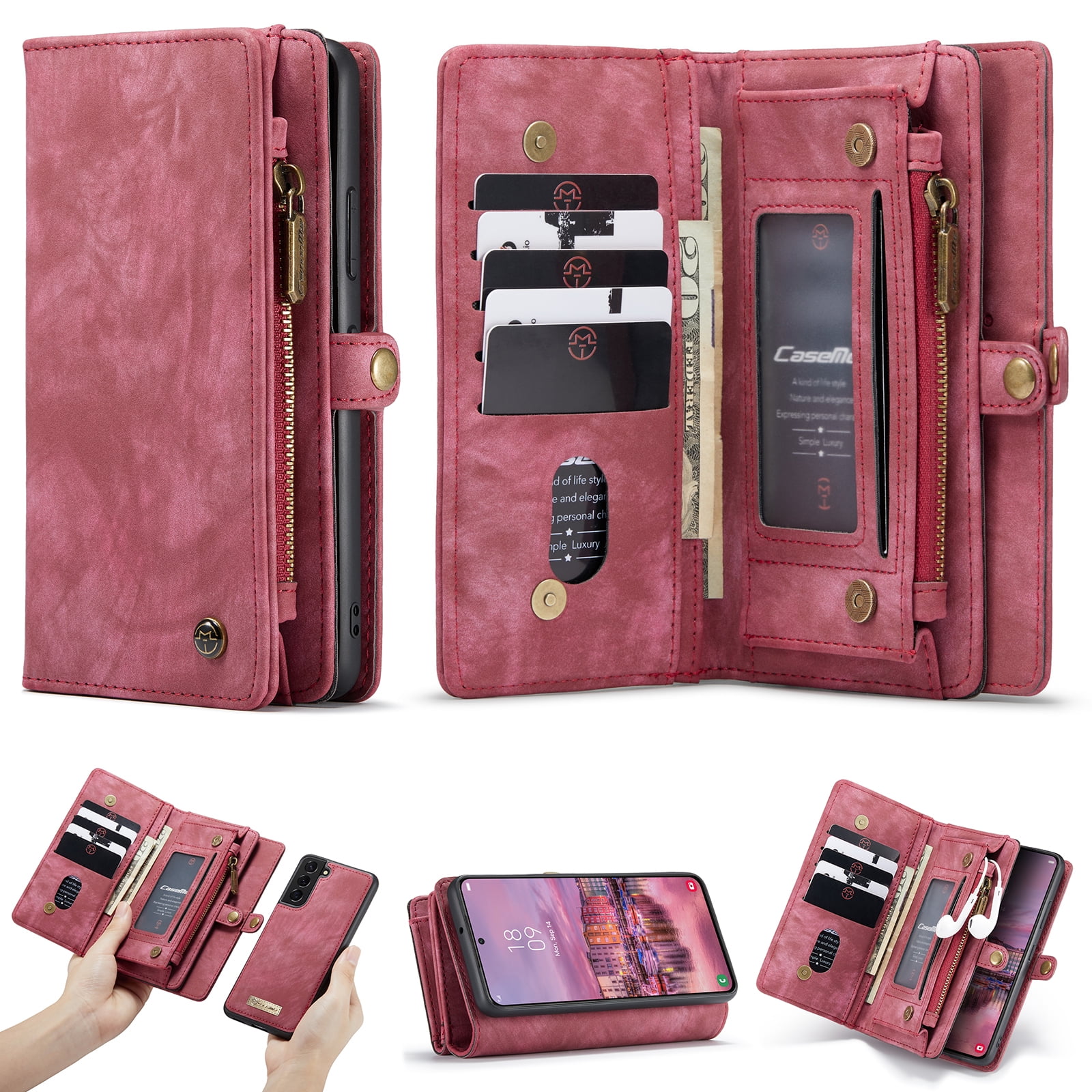 TECH CIRCLE Samsung Galaxy S22 Plus Case,Galaxy S22 Plus Wallet Case with Card Holder Kickstand Zipper Pocket Lanyard Strap Wristlet PU Leather Flip Case Wallet for Galaxy S22 Plus 6.6 inch,Red