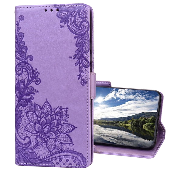TECH CIRCLE for Samsung Galaxy S22 Ultra Wallet Case, Premium PU Leather Embossed Lace Flip Case with Wallet Cart Slot and Kickstand Shockproof Protective Case for S22 Ultra 2022 Women Men, Purple