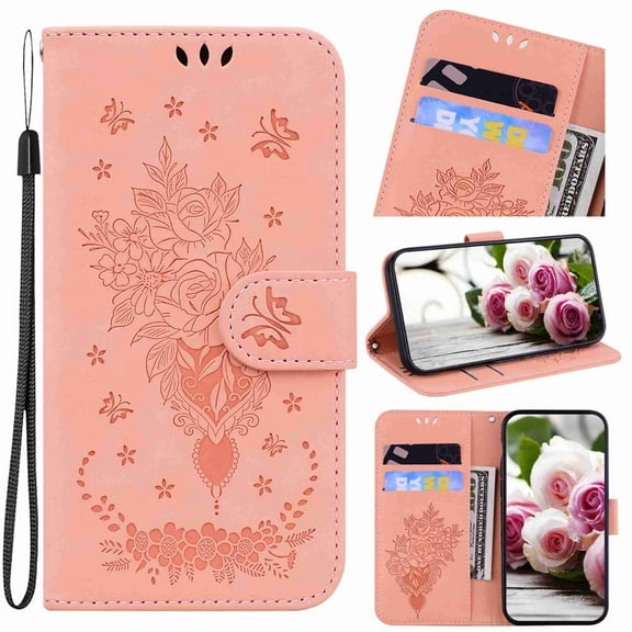 TECH CIRCLE for Samsung Galaxy S22 Ultra Wallet case,PU Leather Case Sun Flower Pattern Embossed Purse Kickstand Flip Cover Card Holders Hand Strap for Samsung Galaxy S22 Ultra, Pink
