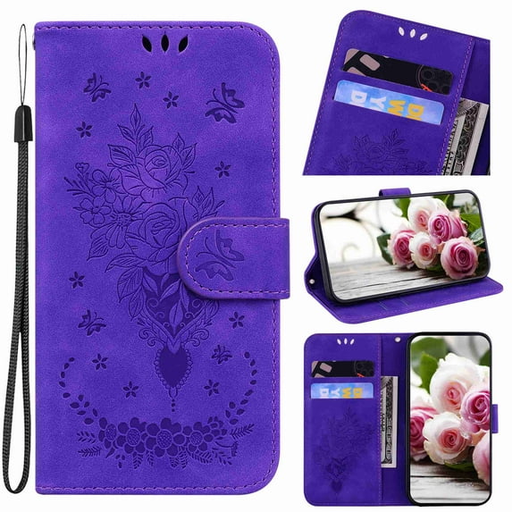 TECH CIRCLE for Samsung Galaxy S22 Ultra Wallet case,PU Leather Case Sun Flower Pattern Embossed Purse Kickstand Flip Cover Card Holders Hand Strap for Samsung Galaxy S22 Ultra, Purple