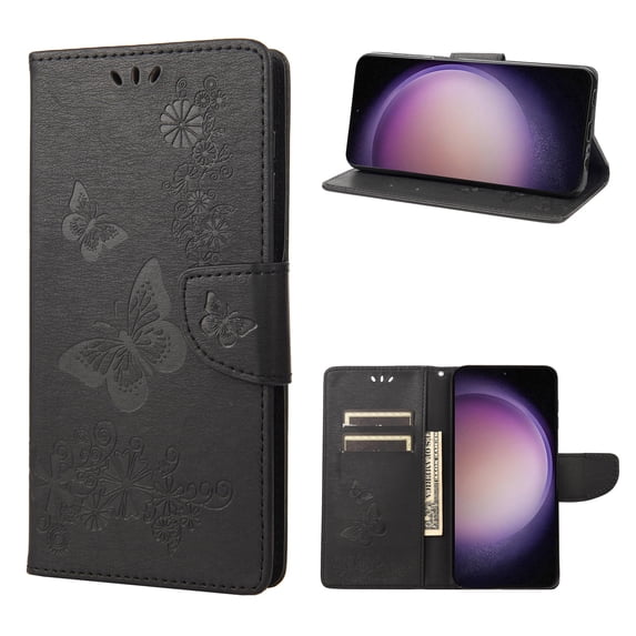 TECH CIRCLE for Samsung Galaxy S23 5G Wallet Case,Butterfly Flower Embossed PU Leather Magnetic Flip Kickstand Shockproof Cover with Card Slots & Wrist Strap for Samsung S23 5G, Black