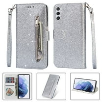TECH CIRCLE for Samsung Galaxy S23 FE Case, Zipper Wallet Pocket Luxury Glitter Flip Kickstand Magnetic Card Slots Wrist Strap Protective Cover for Samsung Galaxy S23 FE Case 6.4" 2023,Silver