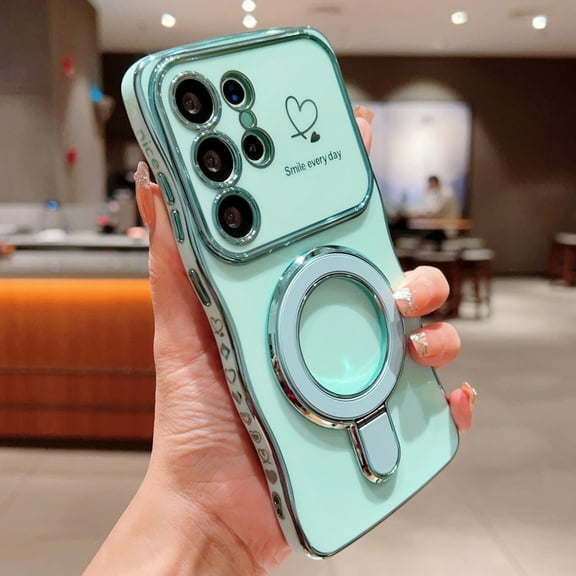 TECH CIRCLE For Samsung Galaxy S23 Magnetic Glitter TPU Case with Ring Stand Shockproof Luxury Plating Curly Wavy Frame Cover Non-Slip Lightweight Wireless Charging Qi,Green