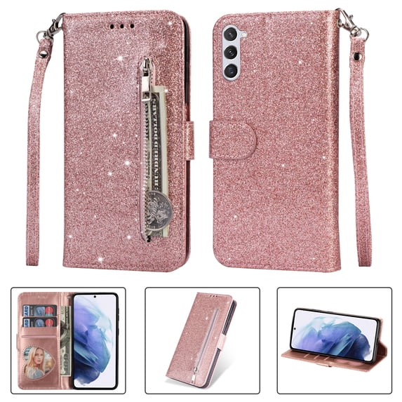 TECH CIRCLE for Samsung Galaxy S23 Plus Case, Zipper Wallet Pocket Luxury Glitter Flip Kickstand Magnetic Card Slots Wrist Strap Protective Cover for Samsung Galaxy S23 Plus Case 6.6" 2023,Rosegold