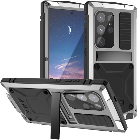 TECH CIRCLE for Samsung Galaxy S23 Plus Metal TPU Case with Kickstand & Built-in Camera & Screen Protector, Aluminum Metal Glass Shockproof Waterproof Military Heavy Duty Sturdy Cover,Silver