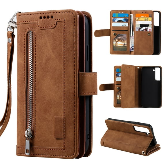 TECH CIRCLE Samsung Galaxy S23 Plus Walle Case,PU Leather Flip Kickstand Zipper Card Slots Wallet Cover Magnetic Shockproof Pocket Case with Wrist Strap for Samsung Galaxy S23 Plus 6.6" 2023,Brown