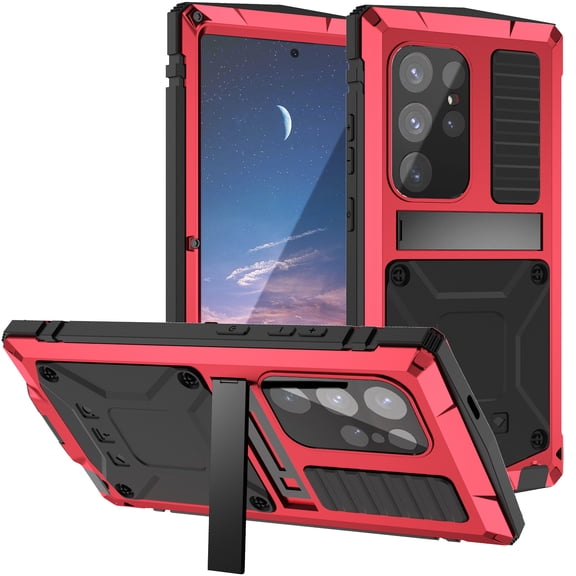 TECH CIRCLE for Samsung Galaxy S23 Ultra Metal TPU Case with Kickstand & Built-in Camera & Screen Protector, Aluminum Metal Glass Shockproof Waterproof Military Heavy Duty Sturdy Cover,Red