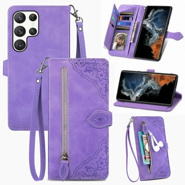 TECH CIRCLE Samsung Galaxy S23 Ultra Wallet Case,Embossed Flower PU Leather Folio Flip Protective Zipper Cover with Wrist Strap RFID Blocking Card Holder Kickstand Case for Galaxy S23 Ultra, Purple