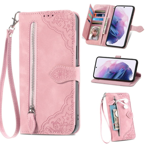 TECH CIRCLE Samsung Galaxy S23 Wallet Case,Embossed Flower PU Leather Folio Flip Protective Zipper Cover with Wrist Strap RFID Blocking Card Holder Kickstand Case for Galaxy S23 6.1" 2023, Pink