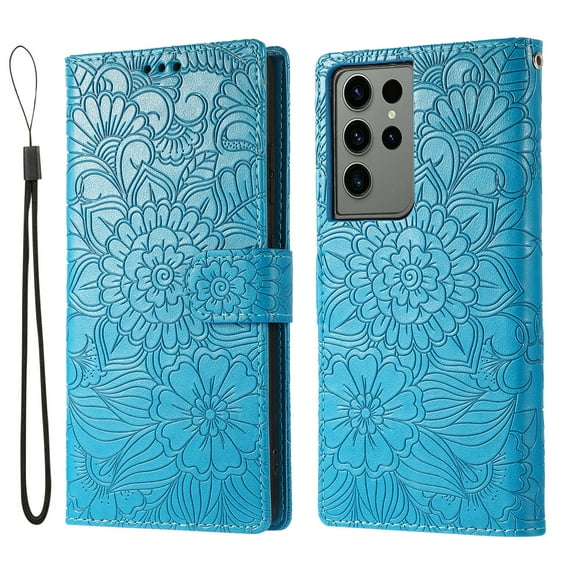 TECH CIRCLE For Samsung Galaxy S23 Wallet Case,PU Leather Embossed Flower Folding Folio Case Cards Holder Lanyard Anti-Scratch Shockproof Bumper Cover Case For Galaxy S23 6.1" 2023,Blue
