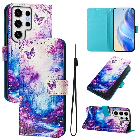 TECH CIRCLE for Samsung Galaxy S24 FE Case 6.7-Inch (2024 Release), Cute Cartoon Flip Wallet Case with Lanyard, Built-in Card Slots & Stand Function, Portable Lightweight Slim Cover, Butterfly Forest
