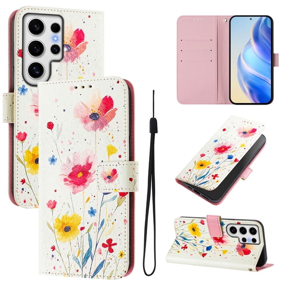 TECH CIRCLE for Samsung Galaxy S24 FE Case 6.7-Inch (2024 Release), Cute Cartoon Flip Wallet Case with Lanyard, Built-in Card Slots & Stand Function, Portable Lightweight Slim Folio Cover, Flowers