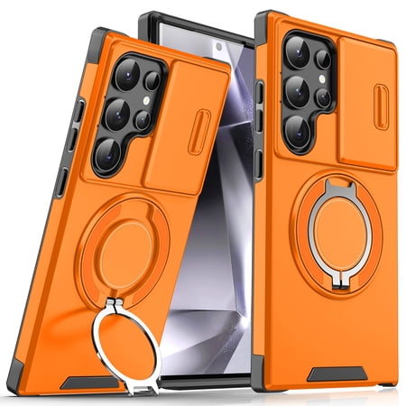 TECH CIRCLE for Samsung Galaxy S24 FE Slim Magnetic Matte PC Hybrid Case with 360° Rotate Kickstand & Slide Camera Lens Cover, Military Grade Drop Protection Heavy Duty Shockproof,Orange
