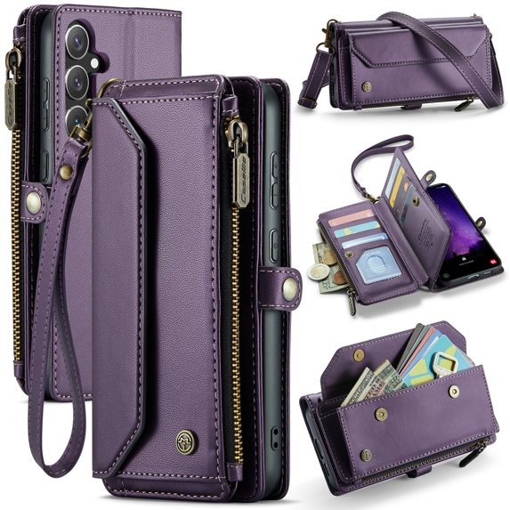 TECH CIRCLE for Samsung Galaxy S24 FE Wallet Case with Zipper Card Holder & Crossbody Lanyard Strap & Wrist Strap, RFID Blocking PU Leather Magnetic Flip Handbag Purse Cover,Purple