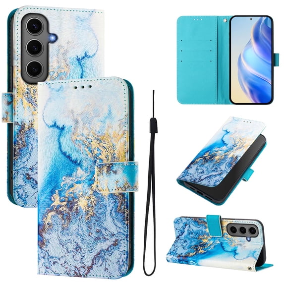 TECH CIRCLE for Samsung Galaxy S24 Plus Case 6.7" (2024 Release), Cute Cartoon Flip Wallet Case with Lanyard, Built-in Card Slots & Stand Function, Portable Lightweight Slim Folio Cover, Blue Marble